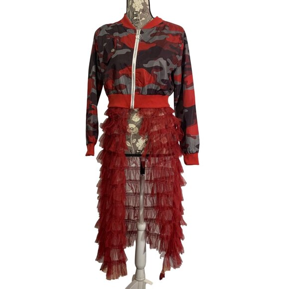 Red Camouflage Lightweight Bomber Jacket Long Ruffled Mesh Open Front SZ Small - Picture 1 of 3